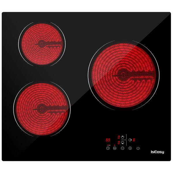 IsEasy 23" Glass Ceramic Hob, 5500W, 3 Cooking Zones, Built-in, 9 Heat Settings, Touch Control, Automatic Shut-Off